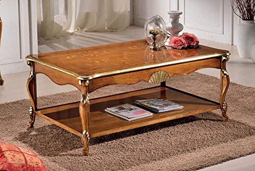 Dafne Italian Design Tavolino da soggiorno con vano porta riviste, noce scuro, decorazioni oro -cm: 130 cm - 80 cm - H 55 cm. Stile classico - 100% Made in Italy (SF17)