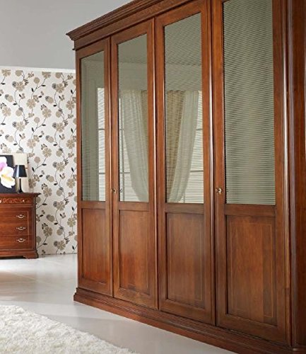 Armadio 4 ante, cassettiera interna 3 cassetti, specchio interno, colore legno scuro, 252X68X296, 195 Kg, Struttura e ripiano: tamburato telaio in abete impiallacciato con noce - 100 % Made in Italy