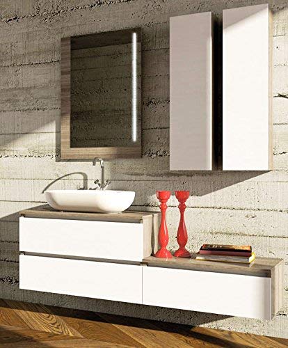 Dafne Italian Design Mobile da bagno sospeso Misura: L.155 P.46 colore Rovere bianco - Top Legno c/lavabo ad appoggio in ceramicaspecchio - 2 pensili rett. con sportello - cassetti