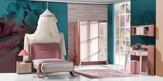 TUTTOCAMERETTE.IT - Cameretta completa per ragazze e bambine stile chic rosa. Comprende letto con zanzariera, materasso, comodino, armadio, scrivania, mensola attrezzata, pouf - [LVT]