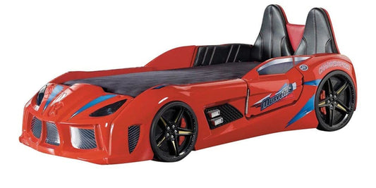 TUTTOCAMERETTE.IT - Cameretta completa per ragazzi stile macchina sportiva da corsa colore rosso e nero comprende: letto con materasso, armadio, comò, scrivania, pouf, libreria - [LVT]