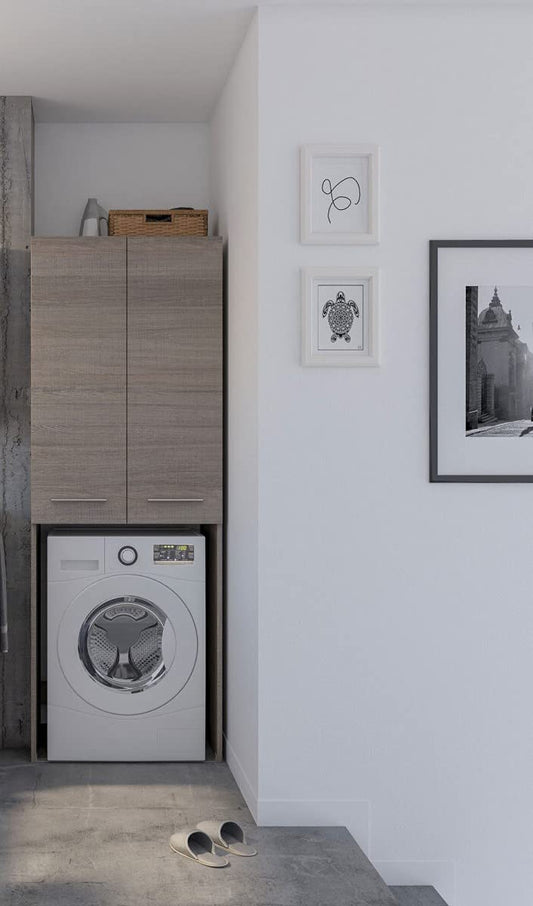 Dafne Italian Design Mobile Lavanderia Porta Lavatrice Rovere Tranchè Scuro Lavabo Incorporato Misura Colonna L.70cm P.50cm