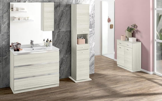 Mobile da bagno "Vichy" finitura bianco euclipto composto da: componibile bagno cm 101x46x189 (base, lavabo, specchio, pensile) - colonna girevole cm. 35x35x180 - base mobile cm 70x34x80