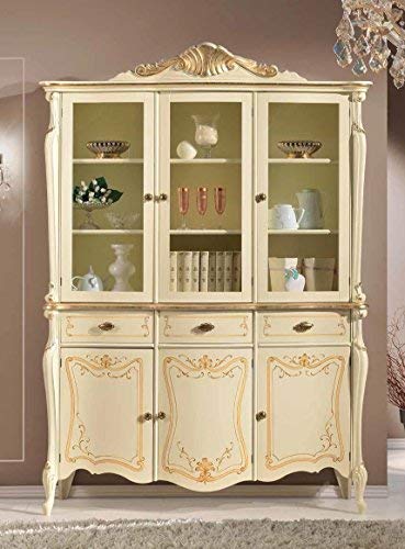 Dafne Italian Design Cristalliera 3 ante 3 cassetti colore avorio, decorazioni oro -cm: 157 cm - 52 cm - H 221 cm - 100% Made in Italy (SF17)