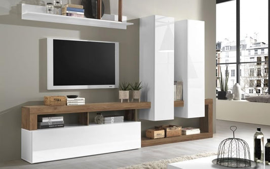 Dafne Italian Design Mobile da soggiorno moderno Amby color bianco lucido e noce cm. 277 x 35 x 205 (base tv, pensili, mensola)