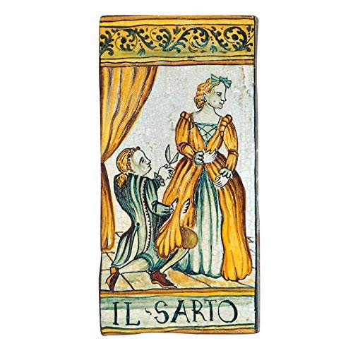 Dafne Italian Design Simonetti Mattonella decorata a mano con gancio a croce in ferro batturo in ceramica artistica di Castelli Italia arti e mestieri Il sarto