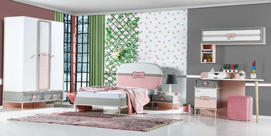 Dafne Italian Design TUTTOCAMERETTE.IT - Cameretta completa per ragazze e bambine bianca, rosa e grigia. Comprende letto, materasso 100x200, comodino, armadio, scrivania, pouf[LVT]