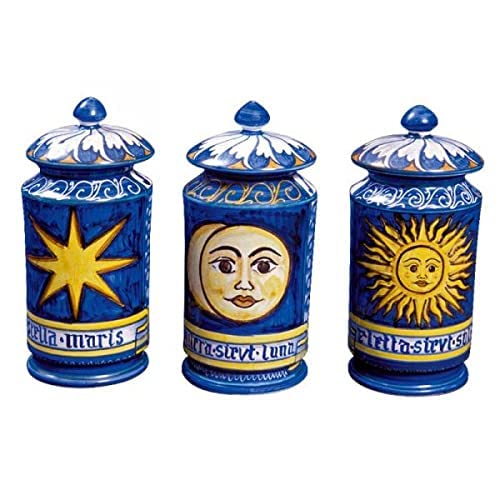 Tre Vasi con coperchio in Ceramica Artistica Italiana. Dimensioni: H 19.812 cm.