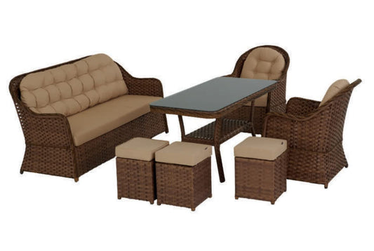 Dafne Italian Design Salotto da pranzo da giardino in rattan con 1 divano 3 posti, n.1 tavolo, n.2 poltrone, n.3 pouf