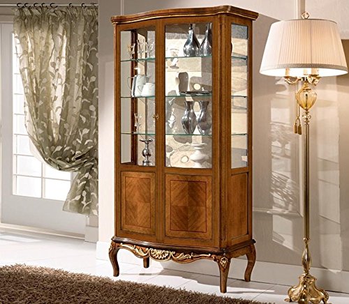 Dafne Italian Design Vetrina 2 ante, noce scuro, decorazioni oro, schienale tappezzato -cm: 110 cm - 40 cm - H 190 cm. stile classico - 100% Made in Italy (SF17)