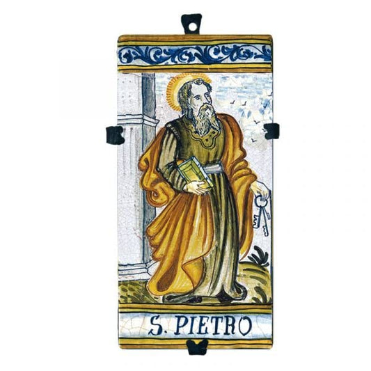 Piastrella decorativa in ceramica con gancio raffigurante San Pietro - Dimensioni: 9,9 x 19,8 cm. Made in Italy.