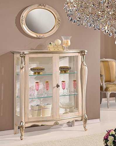 Dafne Italian Design Vetrina 2 ante bassa, colore bianco perla, decorazioni argento -cm: 107 cm - 40 cm - H 120 cm.Stile classico 100% Made in Italy (SF17)