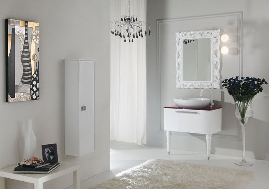 Dafne Italian Design Mobile da bagno con cassetti e specchio con luci a led - Misura: L.78 P.45 cm - Finitura: Finitura Bianco lucido - Top: Top in Cristallo extrachiaro violet - 100% made in Italy