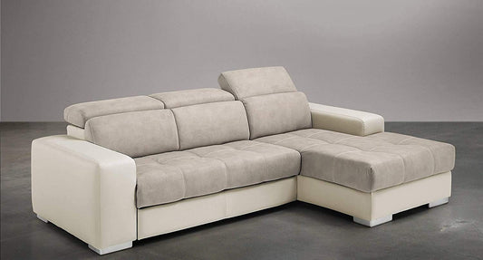 Dafne Italian Design Divano Letto angolare 3 posti con penisola a Destra. Similpelle Milk, Similpelle Effetto Nabuk Beige (cm. 259 x 178 x 94h)