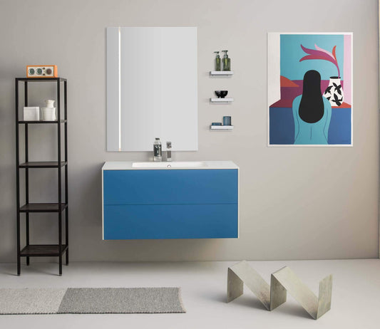 Dafne Italian Design Mobile da bagno con top in Ocritech (cm. L105 x P48 x H55), monoblocco colore azzurro, specchiorettangolare