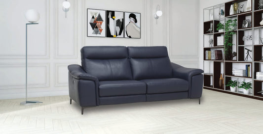 Dafne Italian Design Divano tre posti in vera pelle colore blu con doppio recliner e poggiatesta elettrici - misure cm. L 216 - l 102 - H 100 - Made in Italy