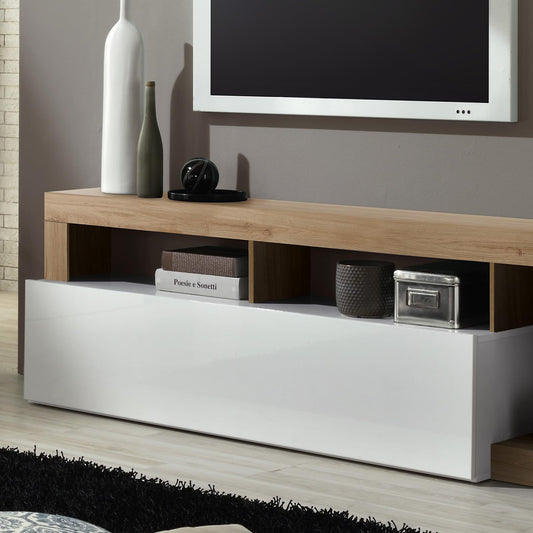 Dafne Italian Design Mobile da soggiorno moderno Amby color bianco lucido e noce cm. 219 x 35 x 205 (base tv, pensile, mensola)