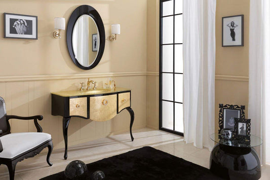 Dafne Italian Design Mobile da bagno classico con cassetti e specchio - Misura: L.116 H.83 P.56 - Finitura: Nero lucido e Foglia oro - Top: Cristallo integrato foglia - 100% made in Italy