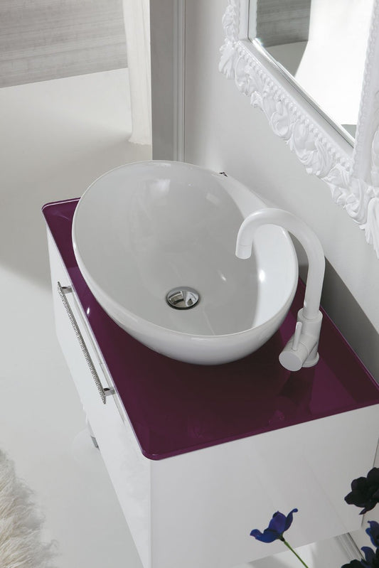 Dafne Italian Design Mobile da bagno con cassetti e specchio con luci a led - Misura: L.78 P.45 cm - Finitura: Finitura Bianco lucido - Top: Top in Cristallo extrachiaro violet - 100% made in Italy