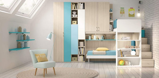 Dafne Italian Design TUTTOCAMERETTE.IT - Cameretta completa per ragazzo, colori turchese, celeste, bianco, olmo.100% Made in Italy (SF21)