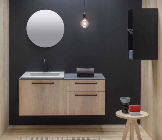 Dafne Italian Design Mobile da bagno ad uso lavanderia (cm. L72 x P51 x H55), finitura effetto legno, top in Ocritech antracite effetto legno, lavabo ceramca doppio fondo, specchio rotondo