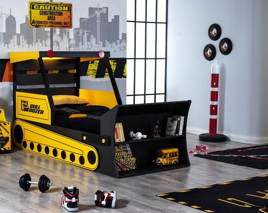 Dafne Italian Design Letto singolo Bull Dozer colore giallo e nero, cm. 109 X 135 X 234 comprensivo di materasso cm. 100x200x25