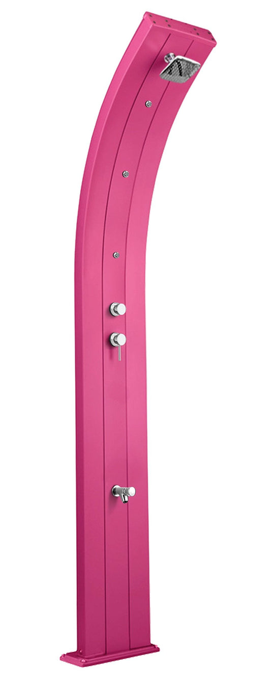 Doccia in alluminio Arkema D350/4003 Dada Fuxia Doccia solare dal design curvo totalmente in alluminio Trattamento anticorrosione Verniciata a polvere Serbatoio capacità di 40 litri Altezza 225 cm Peso 22 kg Con miscelatore e nebulizzatore temporizzato