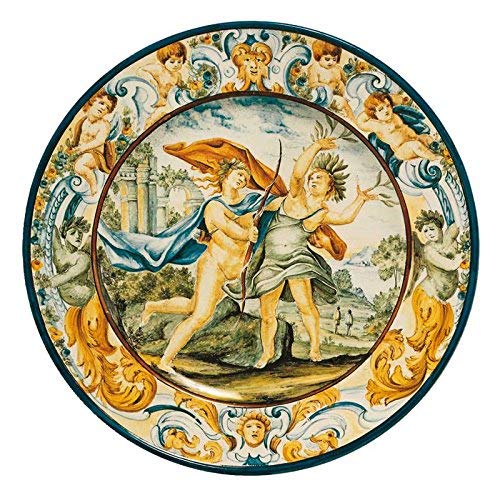 Piatto in ceramica artistica di Castelli Italia fatto e dipinto a mano -" Apollo e Dafne " diametro 40 cm. Aulica 11
