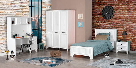 TUTTOCAMERETTE.IT - Cameretta completa per ragazzi stile beux art bianca comprende letto, materasso, comodino, armadio, comò, specchio, scrivania c/ parete studio, sedia, libreria [LVT]