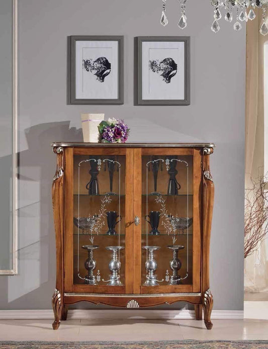 Dafne Italian Design Vetrina 2 ante bassa, noce scuro, decorazioni argento, vetri decorati -cm: 107 cm - 40 cm - H 120 cm.Stile classico. 100% Made in Italy (SF17)