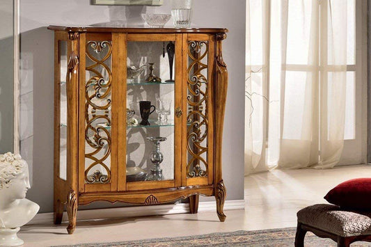 Dafne Italian Design Vetrina 1 anta bassa con griglie, noce scuro, schienale tappezzato -cm: 107 cm - 40 cm - H 120 cm, Stile classico. 100% Made in Italy (SF17)