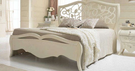 Dafne Italian Design Letto matrimoniale traforato,avorio, vintage,133X205X185 - per rete 160X190, 65 Kg, Testiera-pediera: noce toulipier