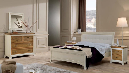 Dafne Italian Design Letto matrimoniale col. avorio, testiera imbottita pelle bianca, vintage, 120X220X194 - per rete 180X200, 60 Kg Testiera e pediera legno massiccio di noce toulipier