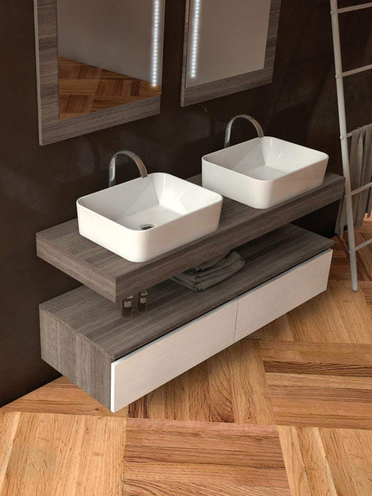 Dafne Italian Design Mobile da Bagno sospeso con Due lavabi da appogggio - Misura: L.140 P.46 cm - Finitura: Rovere Scuro e Bianco - specchi - Base con cassettoni - Made in Italy