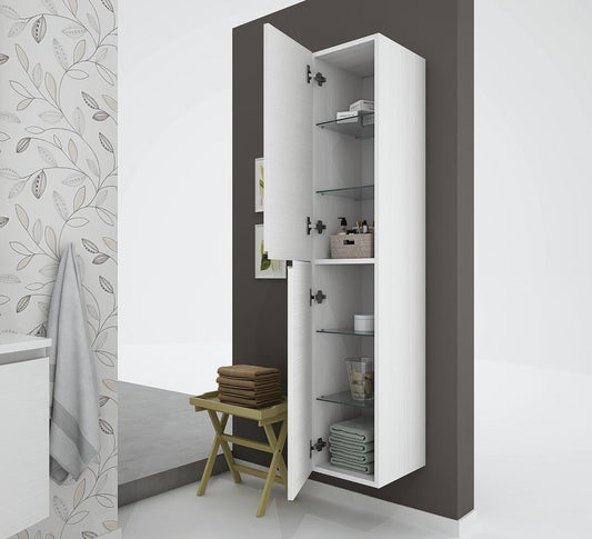 Dafne Italian Design Mobile da bagno sospeso Misura: cm L.91-P.36/46-45 e colonna due ante cm. 30x35x155, specchio - Finitura: Bianco Lucido