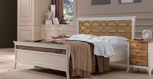 Dafne Italian Design Letto matrimoniale col. avorio, pannello traforato legno chiaro, vintage 122X210X170 - per rete 160X190, 37 Kg,Testiera e pediera legno massiccio di noce toulipier