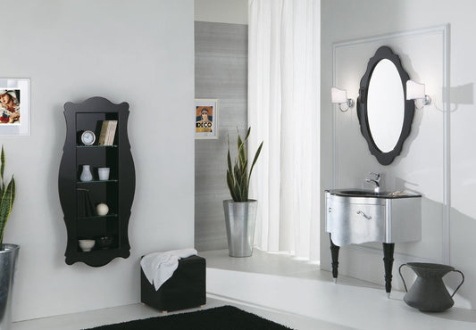 Dafne Italian Design Mobile da bagno: L.86 P.54 cm - Finitura: Finitura Foglia argento e nero lucido - Top: Top in cristallo integrato float nero -100% made in Italy