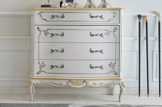 Dafne Italian Design Com? 4 cassetti, colore bianco, decorazioni oro -cm: 101 cm - 46 cm - H 100 cm - 0,52 Mc - Stile classico - 100% Made in Italy (SF17)