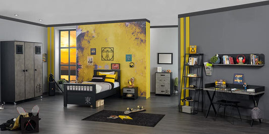 TUTTOCAMERETTE.IT - Cameretta completa per ragazzi stile moderno minimalista colore grigio e nero comprende: letto con materasso, comodino, armadio, comò, scrivania, sedia, libreria - [LVT]