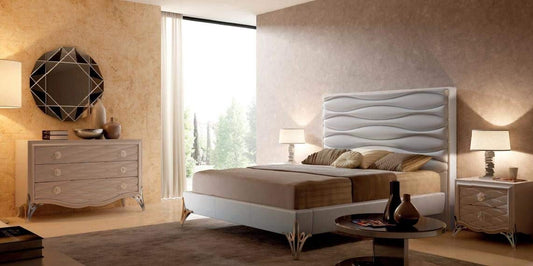 Dafne Italian Design Letto matrimoniale c/giroletto in pelle tortora effetto onda, 152X215X188 - per rete 160x190, 90 Kg, in legno di abete e multistrato di pioppo, piedi in acciaio inox