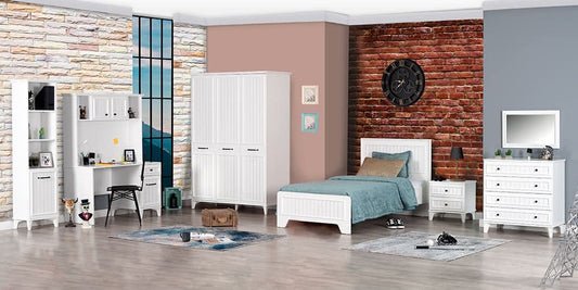 TUTTOCAMERETTE.IT - Cameretta completa per ragazzi stile beux art bianca comprende letto, materasso, comodino, armadio, comò, specchio, scrivania c/ parete studio, sedia, libreria [LVT]