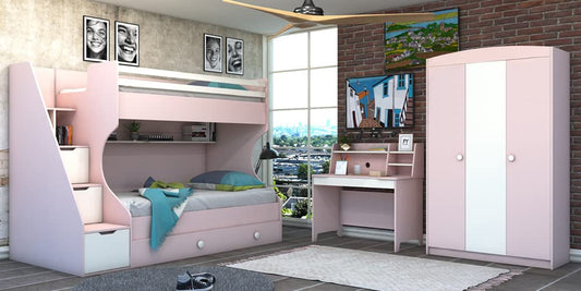 Dafne Italian Design TUTTOCAMERETTE.IT - Cameretta completa per ragazze e bambine stile moderno comprende: letto a castello compatto con materassi, armadio tre ante, scrivania[LVT]