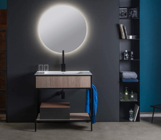 Dafne Italian Design Mobile da bagno ad uso lavanderia finitura olmo con top e lavabo in Ocritech cm. L88 x P50 x H87, specchio rotondo con luci led