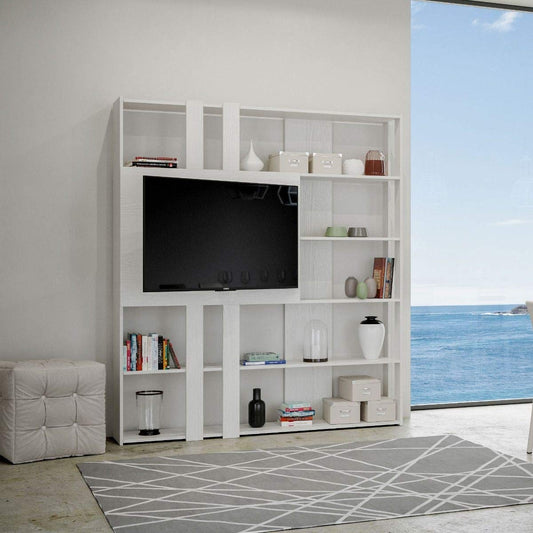 Libreria Composizione L Kato 6R 2 fianchi 2 fasce lunghe 2 fasce corte 2 fasce medie pannello TV Bianco Frassino