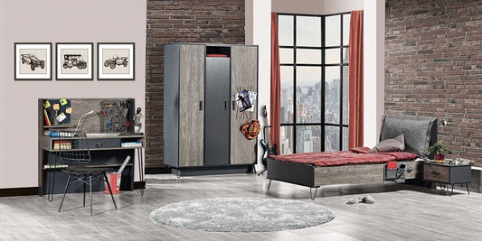 Dafne Italian Design TUTTOCAMERETTE.IT - Cameretta completa per ragazzi stile industrial carbon. Comprende letto, materasso, comodino, armadio, scrivania - [LVT]
