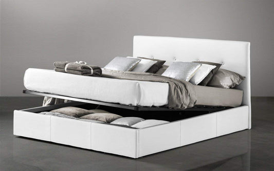 Dafne Italian Design Letto matrimoniale con contenito rivestito in similpelle bianca, rete ortopedica a doghe 178x203x100h cm.
