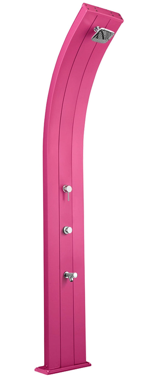 Doccia in alluminio Arkema D330/4003 Dada Fuxia Doccia solare dal design curvo totalmente in alluminio Trattamento anticorrosione Verniciatura a polvere Serbatoio capacità di 40 litri Altezza 225 cm Peso 22 kg con miscelatore temporizzato e lavapiedi
