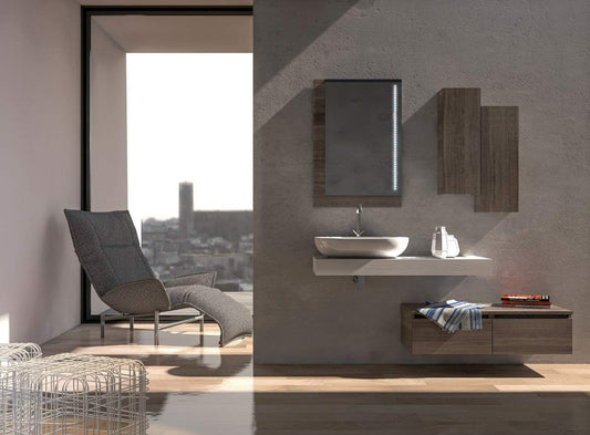 Mobile da bagno sospeso Misura: L.160 P.46 - Rovere scuro - lavabo ad appoggio in ceramica - Specchio con luci led - Pensile 1 anta - Base 1 cassetto - pensili sospesi -100% made in Italy