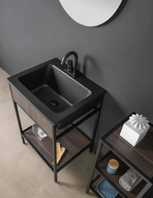 Mobile lavanderia da bagno struttura alluminio nero e legno rovere moro (cm. L60 x P50 x H87) con lavabo in ceramica nero matt