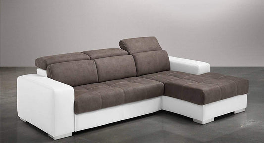 Dafne Italian Design Divano Letto angolare 3 posti con penisola a Destra. Similpelle Bianco, Similpelle Effetto Nabuk Elephant (cm. 259 x 178 x 94h)